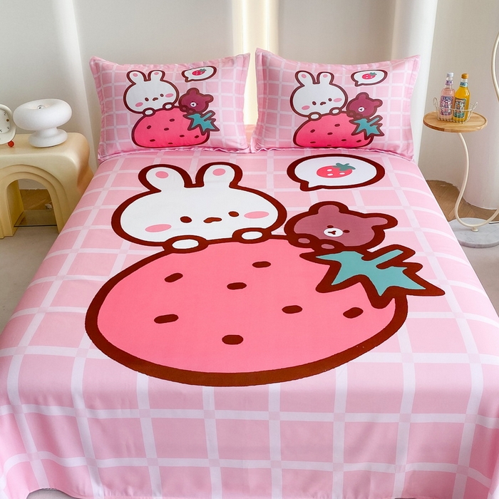 91家纺网 家纺一手货源 找家纺 一电 2025新款卡通床单单件被单学生宿舍被罩三件套单人儿童上下床床单-第二批 草莓动物