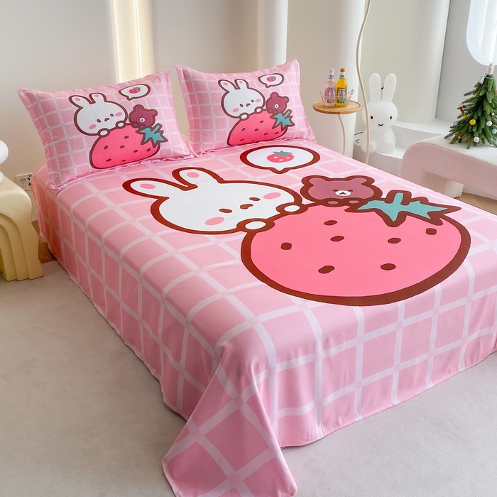 91家纺网 家纺一手货源 找家纺 一电 2025新款卡通床单单件被单学生宿舍被罩三件套单人儿童上下床床单-第二批 草莓动物