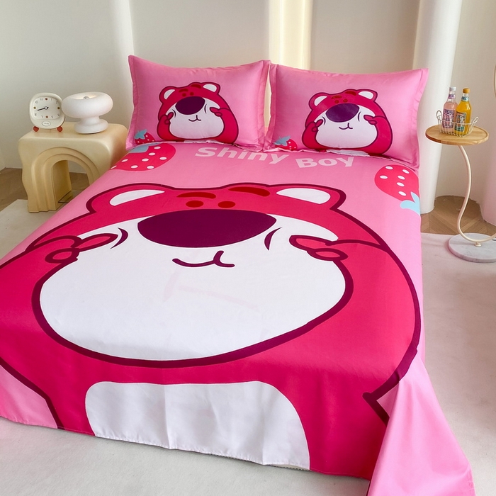 91家纺网 家纺一手货源 找家纺 一电 2025新款卡通床单单件被单学生宿舍被罩三件套单人儿童上下床床单-第二批 草莓大雄