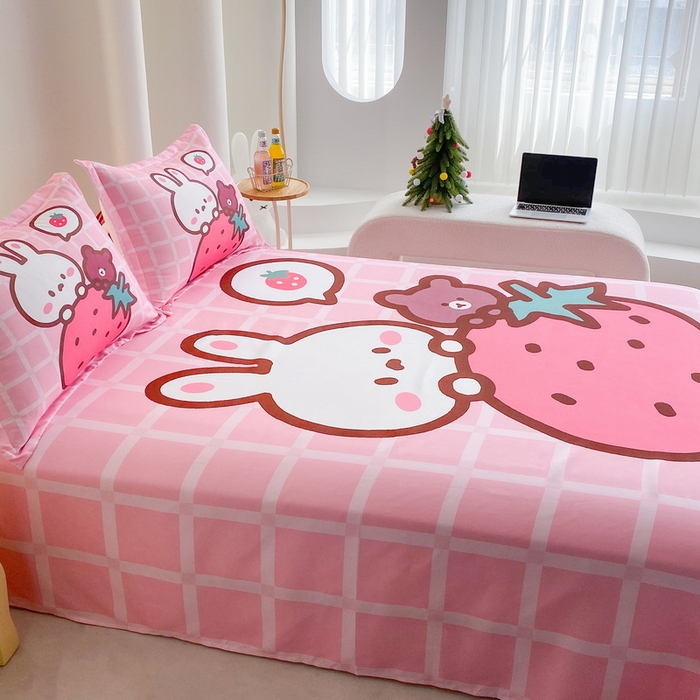 91家纺网 家纺一手货源 找家纺 一电 2025新款卡通床单单件被单学生宿舍被罩三件套单人儿童上下床床单-第二批 草莓动物