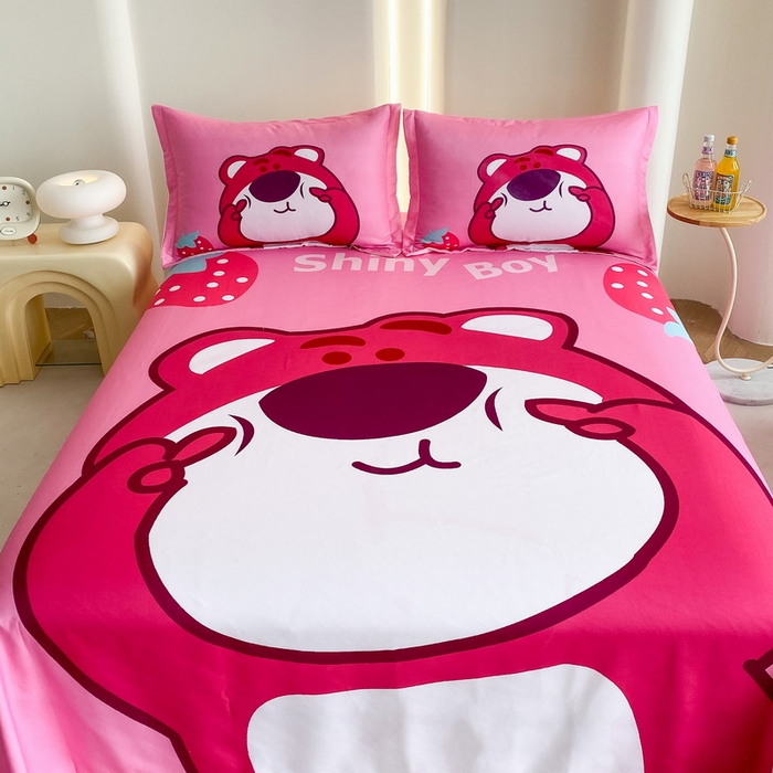 91家纺网 家纺一手货源 找家纺 一电 2025新款卡通床单单件被单学生宿舍被罩三件套单人儿童上下床床单-第二批 草莓大雄