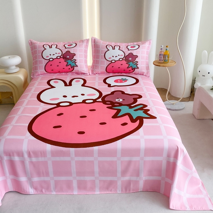 91家纺网 家纺一手货源 找家纺 一电 2025新款卡通床单单件被单学生宿舍被罩三件套单人儿童上下床床单-第二批 草莓动物