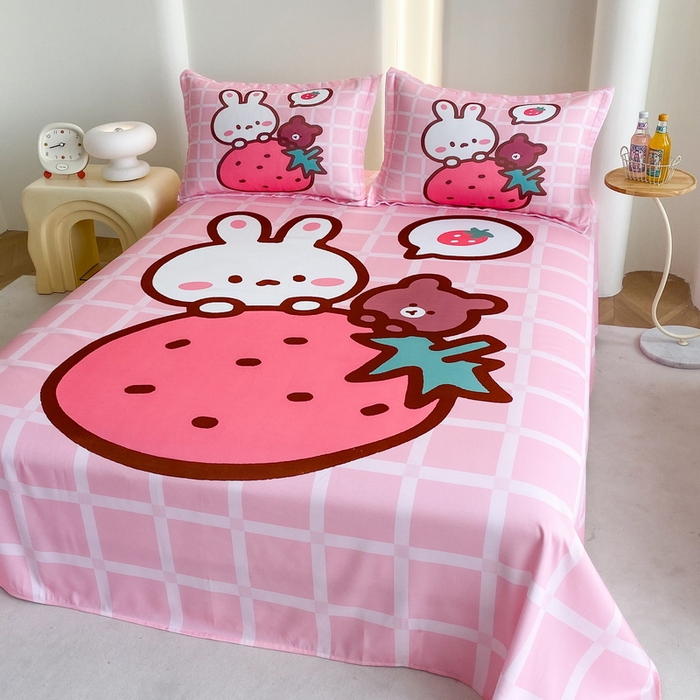 91家纺网 家纺一手货源 找家纺 一电 2025新款卡通床单单件被单学生宿舍被罩三件套单人儿童上下床床单-第二批 草莓动物