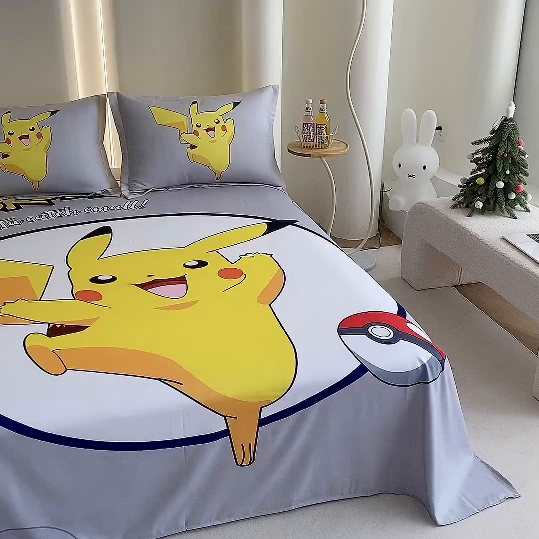 91家纺网 家纺一手货源 找家纺 一电 2025新款卡通床单单件被单学生宿舍被罩三件套单人儿童上下床床单-第二批 圈圈皮卡丘