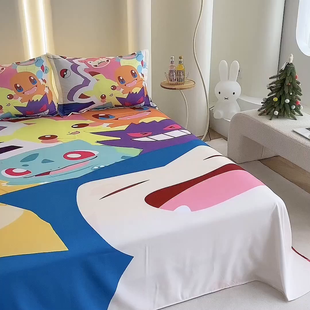 91家纺网 家纺一手货源 找家纺 一电 2025新款卡通床单单件被单学生宿舍被罩三件套单人儿童上下床床单-第二批 嘻嘻皮卡丘