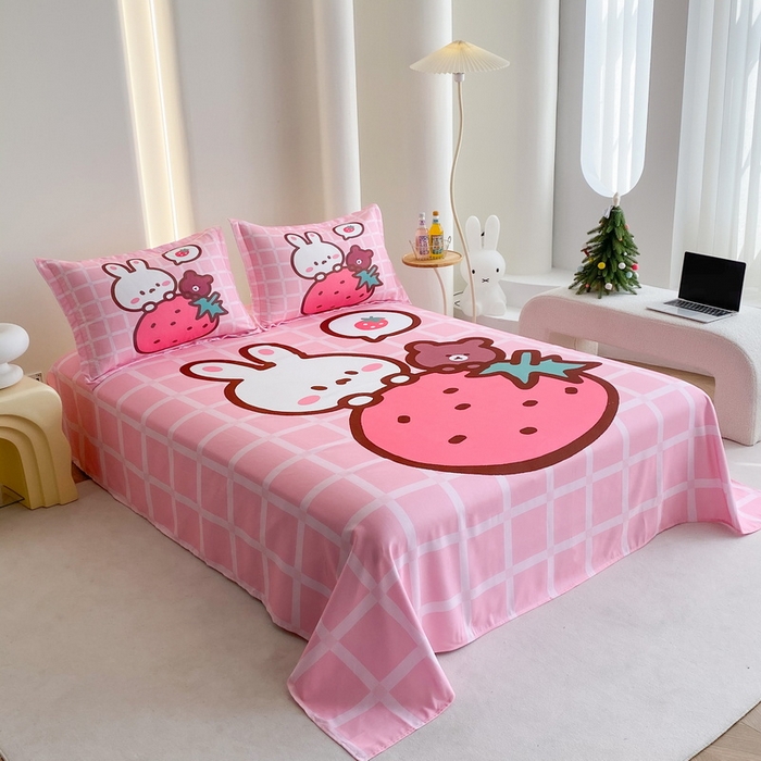 91家纺网 家纺一手货源 找家纺 一电 2025新款卡通床单单件被单学生宿舍被罩三件套单人儿童上下床床单-第二批 草莓动物