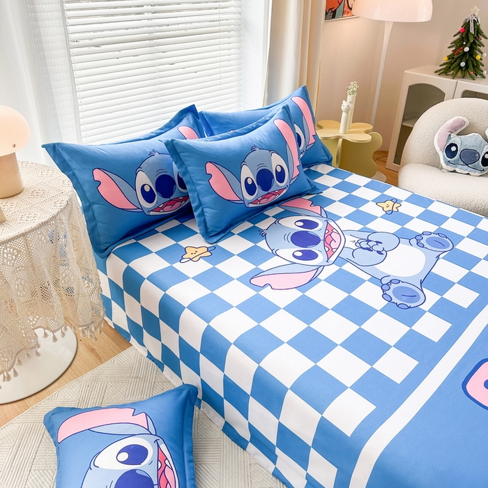 91家纺网 家纺一手货源 找家纺 一电 2025新款卡通床单单件被单学生宿舍被罩三件套单人儿童上下床床单-第三批 蓝格史迪仔