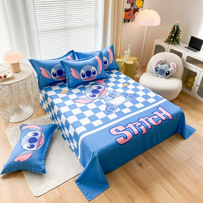 91家纺网 家纺一手货源 找家纺 一电 2025新款卡通床单单件被单学生宿舍被罩三件套单人儿童上下床床单-第三批 蓝格史迪仔