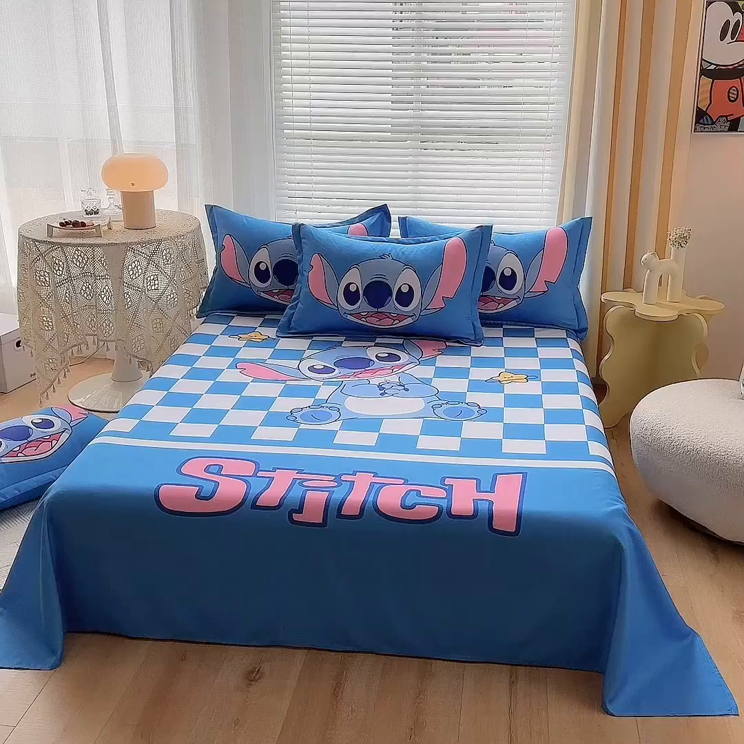 91家纺网 家纺一手货源 找家纺 一电 2025新款卡通床单单件被单学生宿舍被罩三件套单人儿童上下床床单-第三批 蓝格史迪仔