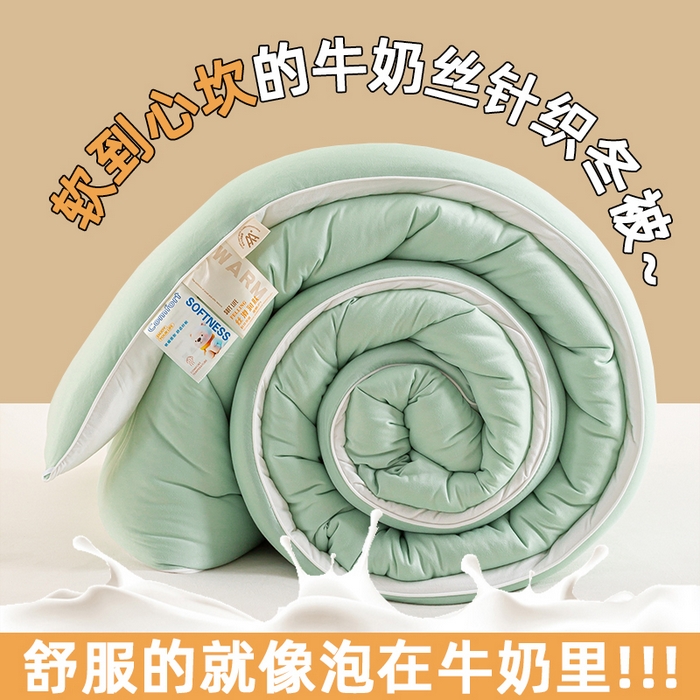 91家纺网 家纺一手货源 找家纺 天瑜家纺 2025新款纯色牛奶丝针织冬被被子被芯 浅绿色
