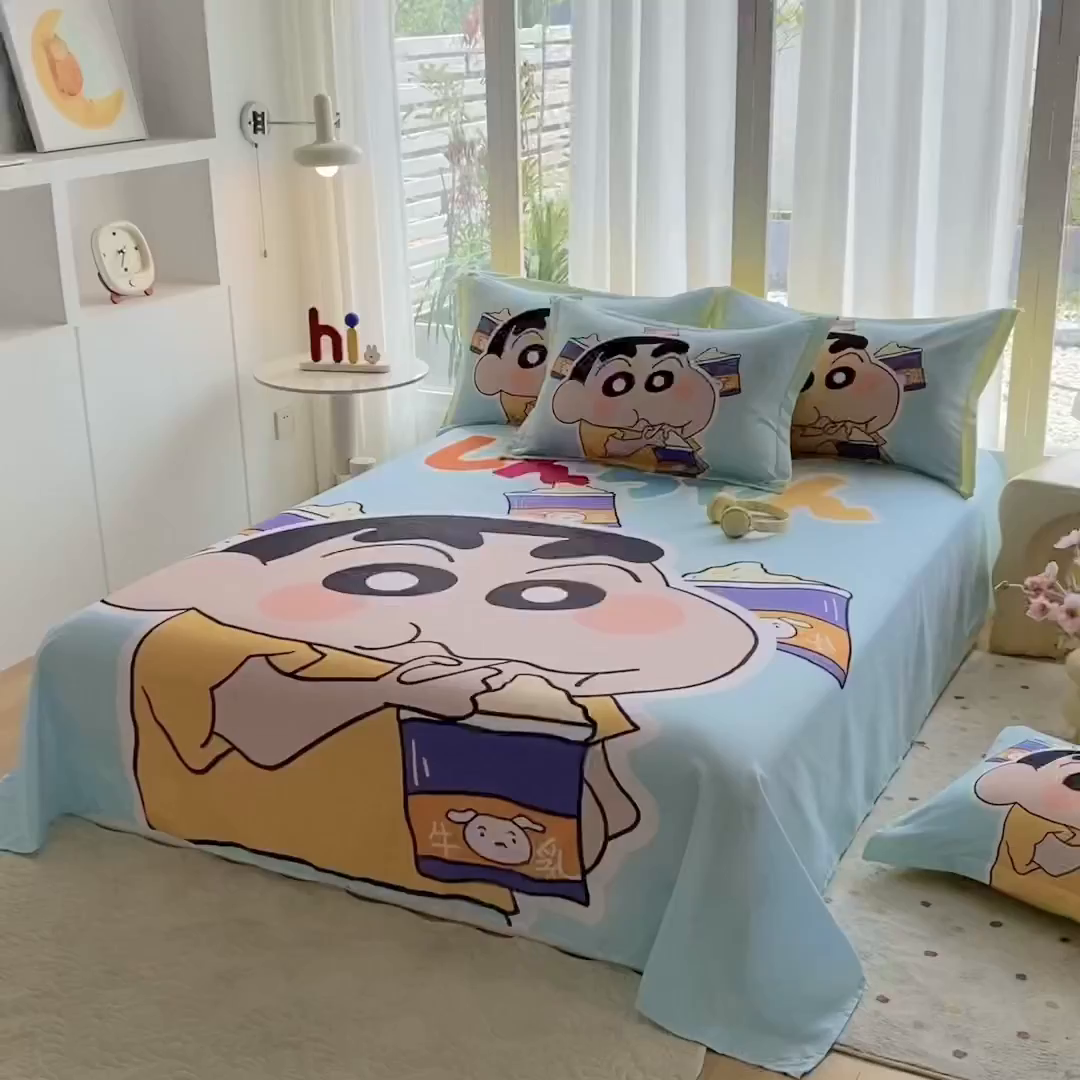 91家纺网 家纺一手货源 找家纺 一电 2025新款卡通床单单件被单学生宿舍被罩三件套单人儿童上下床床单-第四批 奶茶小新