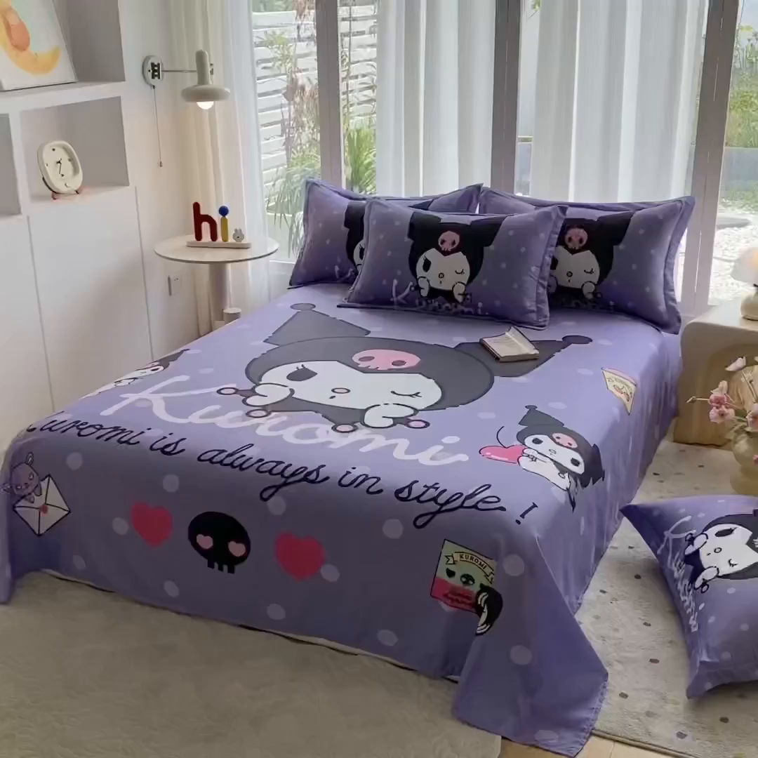 91家纺网 家纺一手货源 找家纺 一电 2025新款卡通床单单件被单学生宿舍被罩三件套单人儿童上下床床单-第四批 圆点库洛米