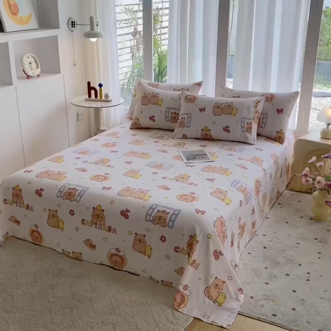 91家纺网 家纺一手货源 找家纺 一电 2025新款卡通床单单件被单学生宿舍被罩三件套单人儿童上下床床单-第五批 卡皮巴拉
