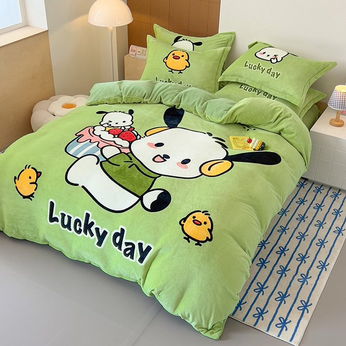 91家纺网 家纺一手货源 找家纺 福来临家纺 2025牛奶绒大版卡通四件套 奶狗pipi