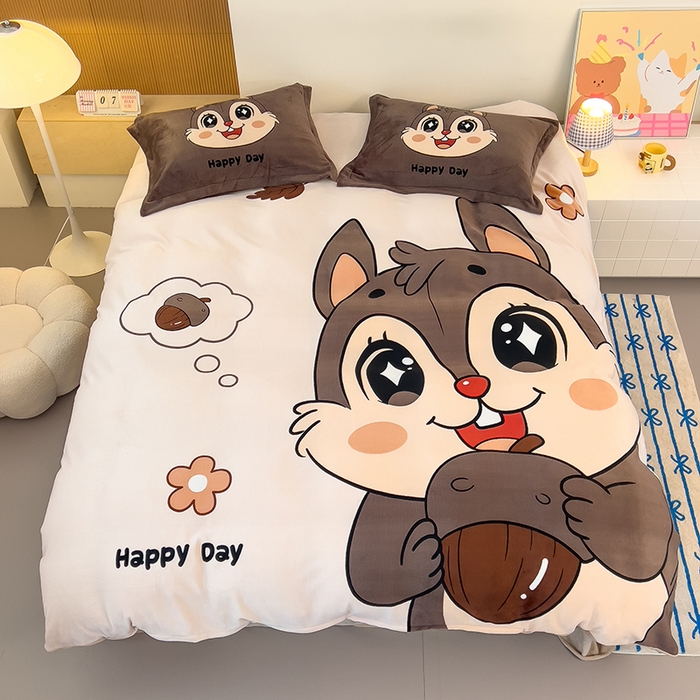 91家纺网 家纺一手货源 找家纺 福来临家纺 2025牛奶绒大版卡通四件套 松鼠宝贝