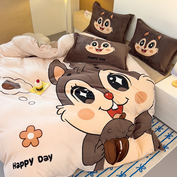 91家纺网 家纺一手货源 找家纺 福来临家纺 2025牛奶绒大版卡通四件套 松鼠宝贝