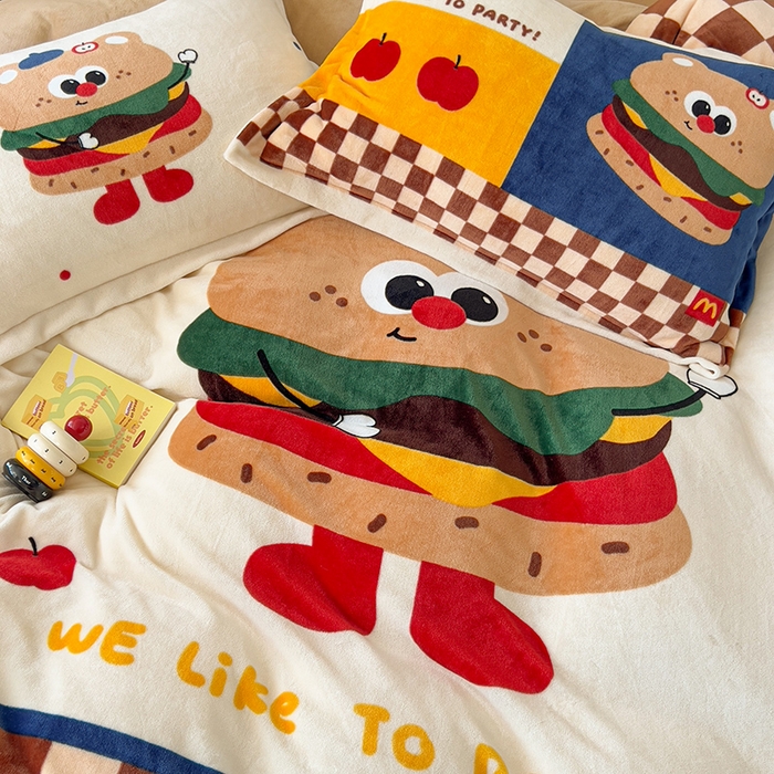 91家纺网 家纺一手货源 找家纺 福来临家纺 2025牛奶绒大版卡通四件套 玩趣汉堡