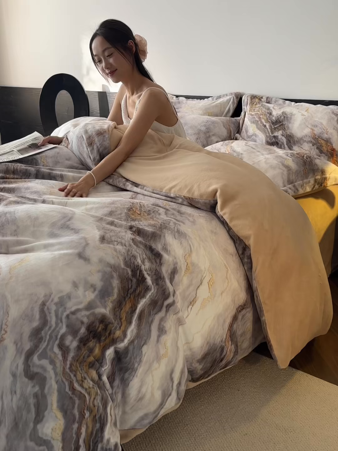 91家纺网 家纺一手货源 找家纺 寐绸家纺 2025秋冬新款230g牛奶绒数码印花四件套 数码四件套-大理石纹
