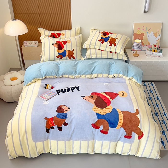 91家纺网 家纺一手货源 找家纺 福来临家纺 2025牛奶绒大版卡通四件套 汪可爱