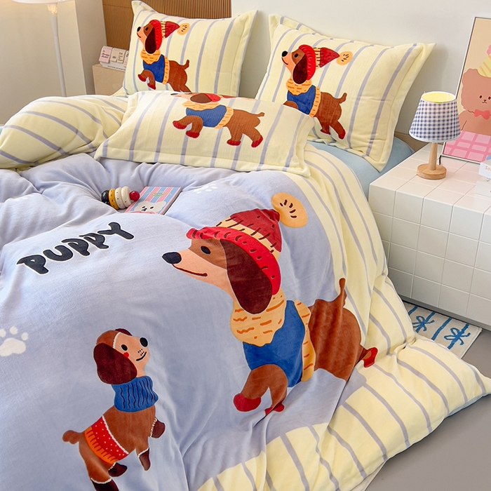 91家纺网 家纺一手货源 找家纺 福来临家纺 2025牛奶绒大版卡通四件套 汪可爱