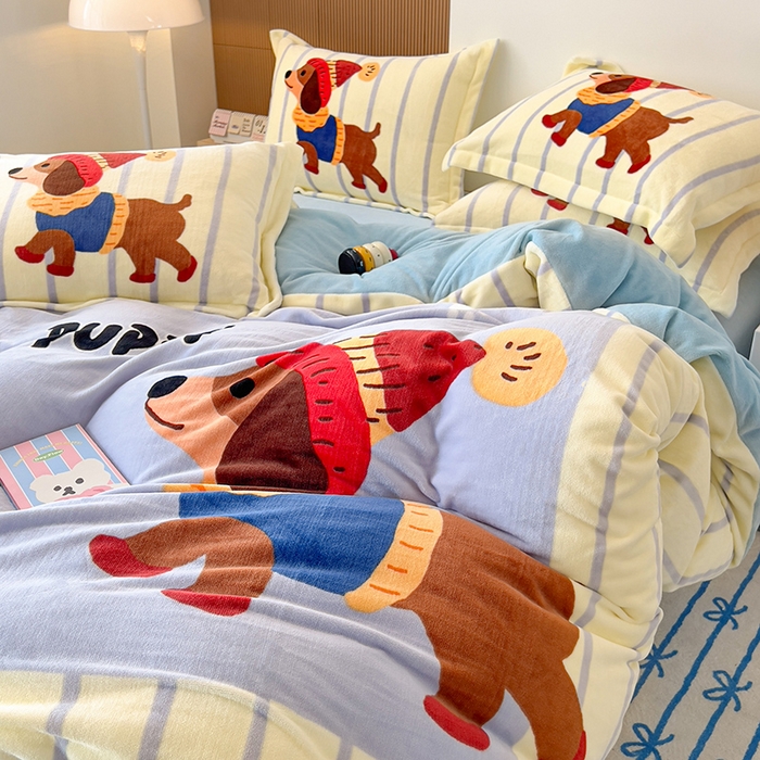 91家纺网 家纺一手货源 找家纺 福来临家纺 2025牛奶绒大版卡通四件套 汪可爱