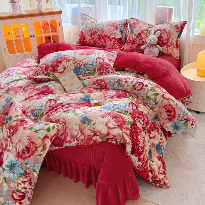 梵克保罗 2025秋冬新款印花牛奶绒床盖炕垫炕盖四件套-云裳 云裳-牡丹倾城红