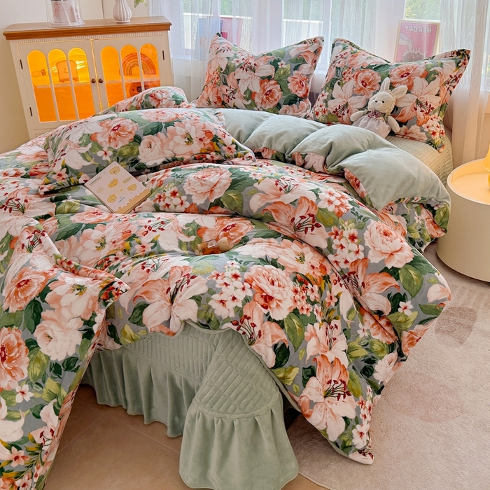 梵克保罗 2025秋冬新款印花牛奶绒床盖炕垫炕盖四件套-云裳 云裳-牡丹倾城绿