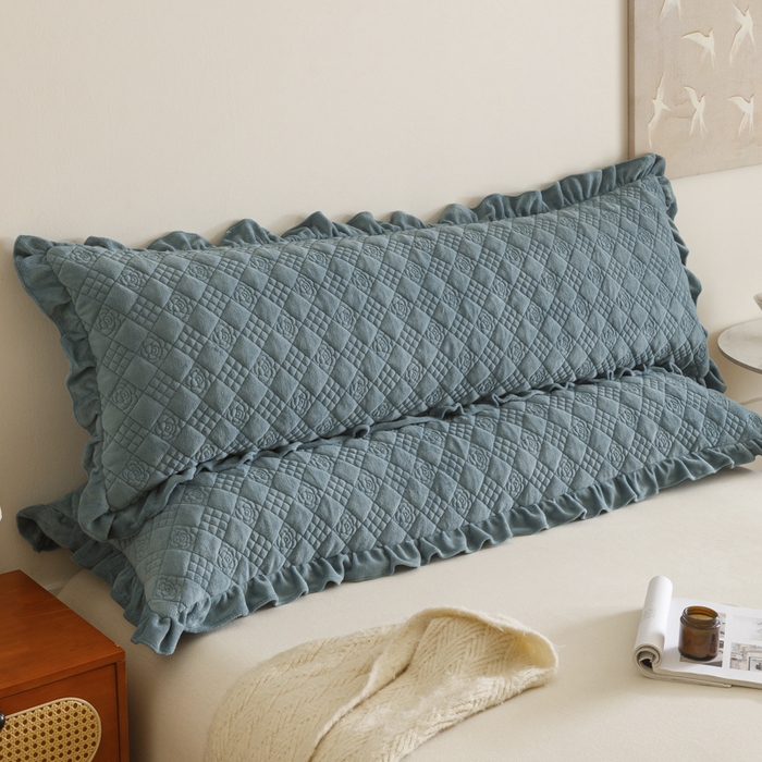 爱港家纺 2025新款牛奶绒夹棉衍缝长枕套 青雾蓝