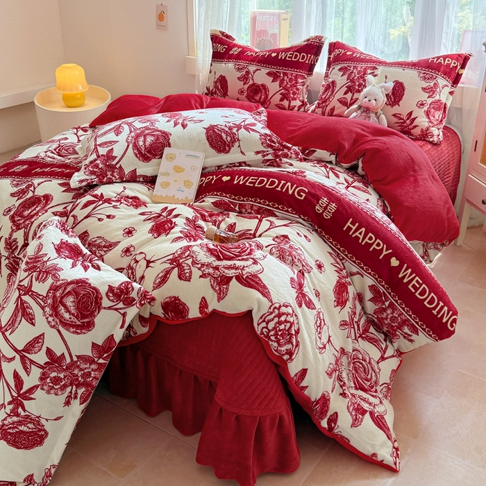 梵克保罗 2025秋冬新款印花牛奶绒床盖炕垫炕盖四件套-云裳 云裳-喜上枝头