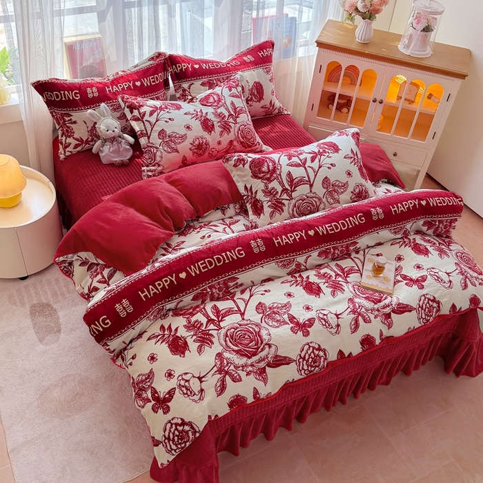 91家纺网 家纺一手货源 找家纺 梵克保罗 2025秋冬新款印花牛奶绒床盖炕垫炕盖四件套-云裳 云裳-喜上枝头