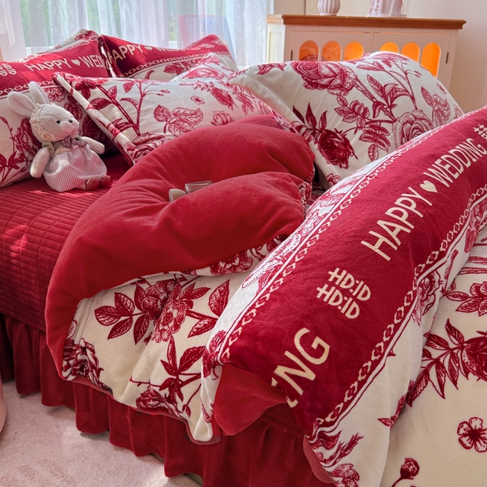 91家纺网 家纺一手货源 找家纺 梵克保罗 2025秋冬新款印花牛奶绒床盖炕垫炕盖四件套-云裳 云裳-喜上枝头