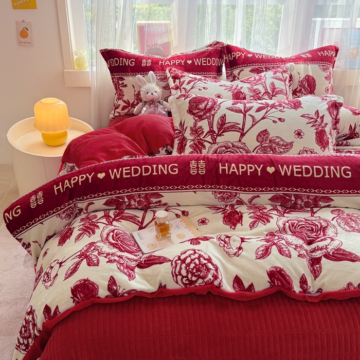 91家纺网 家纺一手货源 找家纺 梵克保罗 2025秋冬新款印花牛奶绒床盖炕垫炕盖四件套-云裳 云裳-喜上枝头