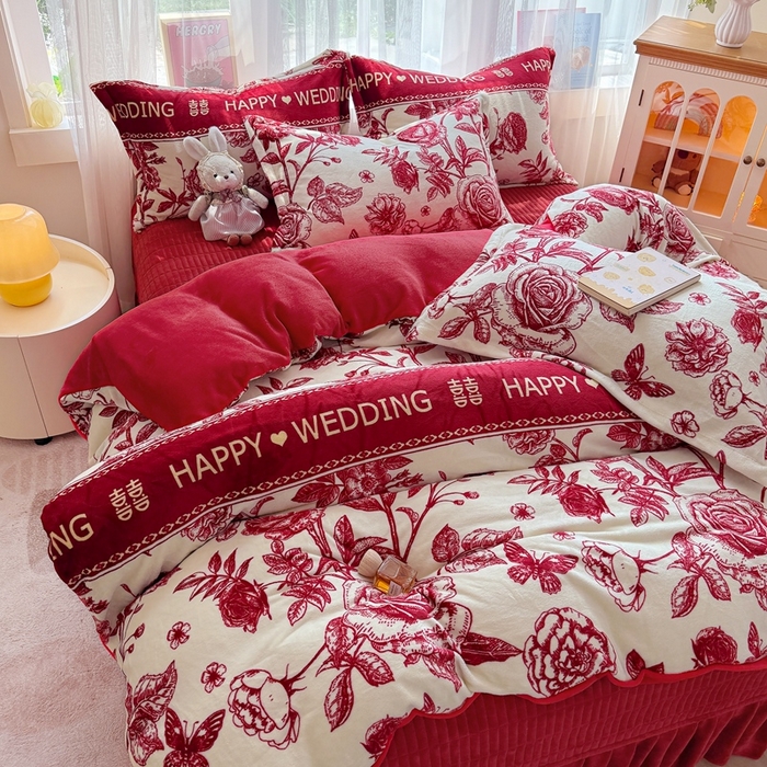 91家纺网 家纺一手货源 找家纺 梵克保罗 2025秋冬新款印花牛奶绒床盖炕垫炕盖四件套-云裳 云裳-喜上枝头