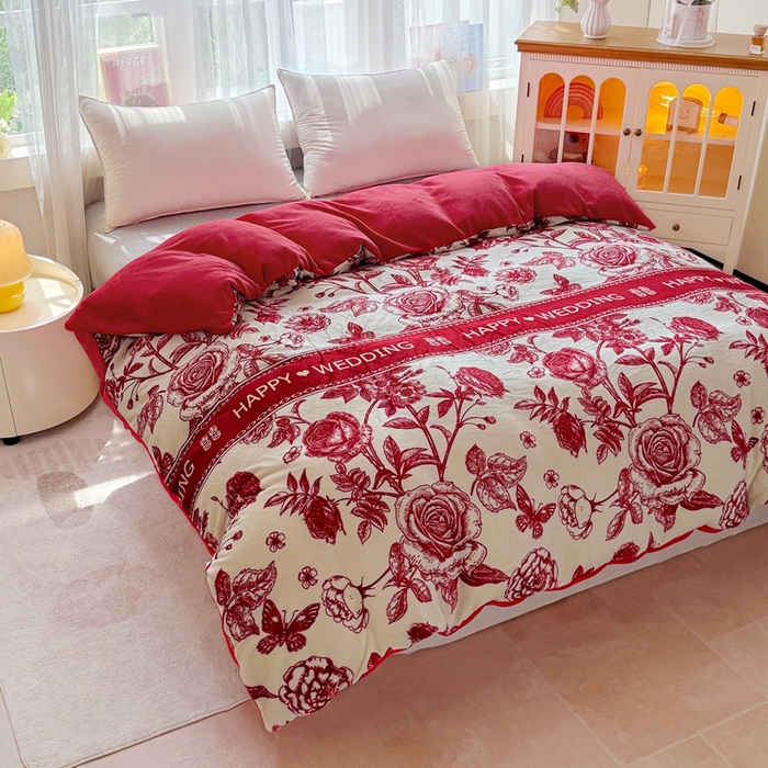 91家纺网 家纺一手货源 找家纺 梵克保罗 2025秋冬新款印花牛奶绒床盖炕垫炕盖四件套-云裳 云裳-喜上枝头