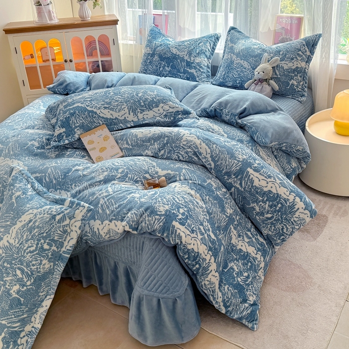 梵克保罗 2025秋冬新款印花牛奶绒床盖炕垫炕盖四件套-云裳 云裳-祥云蓝