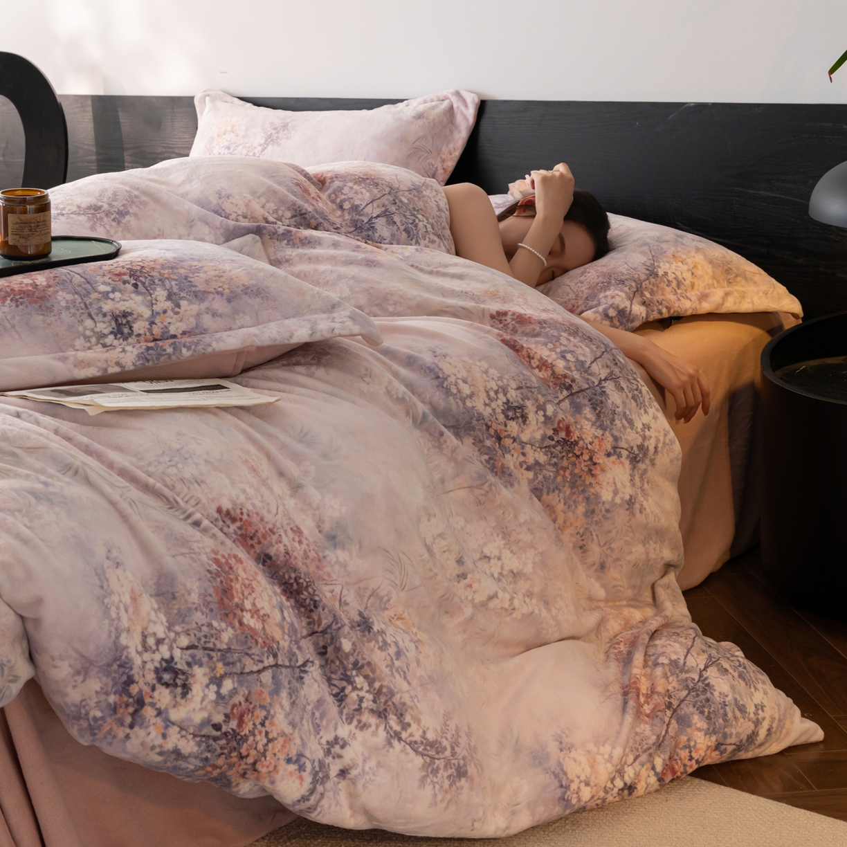 寐绸家纺 2025秋冬新款230g牛奶绒数码印花四件套 数码四件套-秋叶繁华