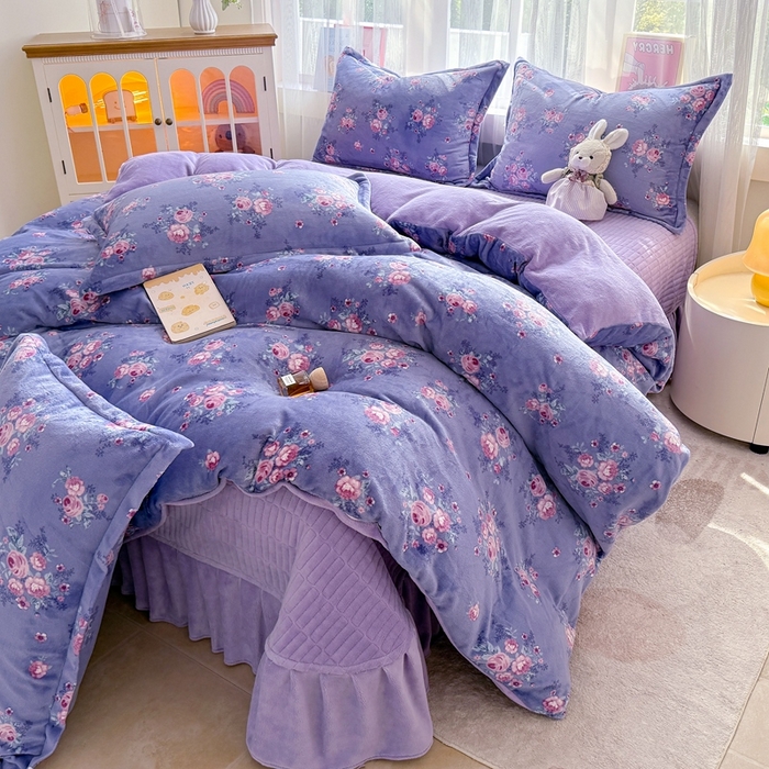 梵克保罗 2025秋冬新款印花牛奶绒床盖炕垫炕盖四件套-云裳 云裳-紫藤花