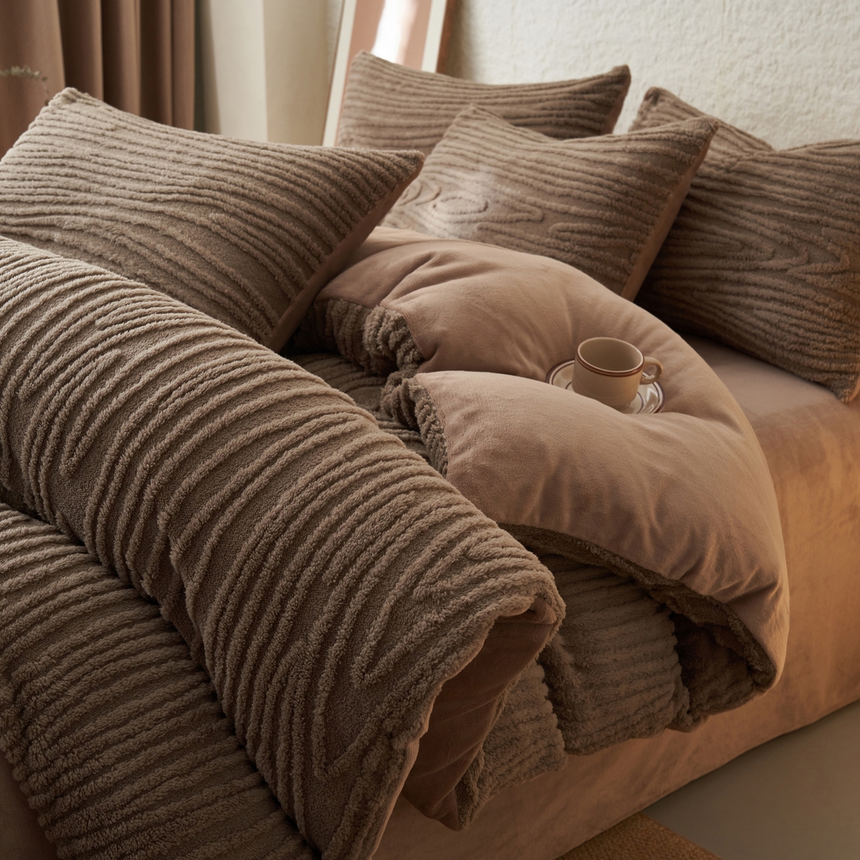 91家纺网 家纺一手货源 找家纺 （总）寐绸家纺 2025秋冬新款230g牛奶绒树纹提花四件套