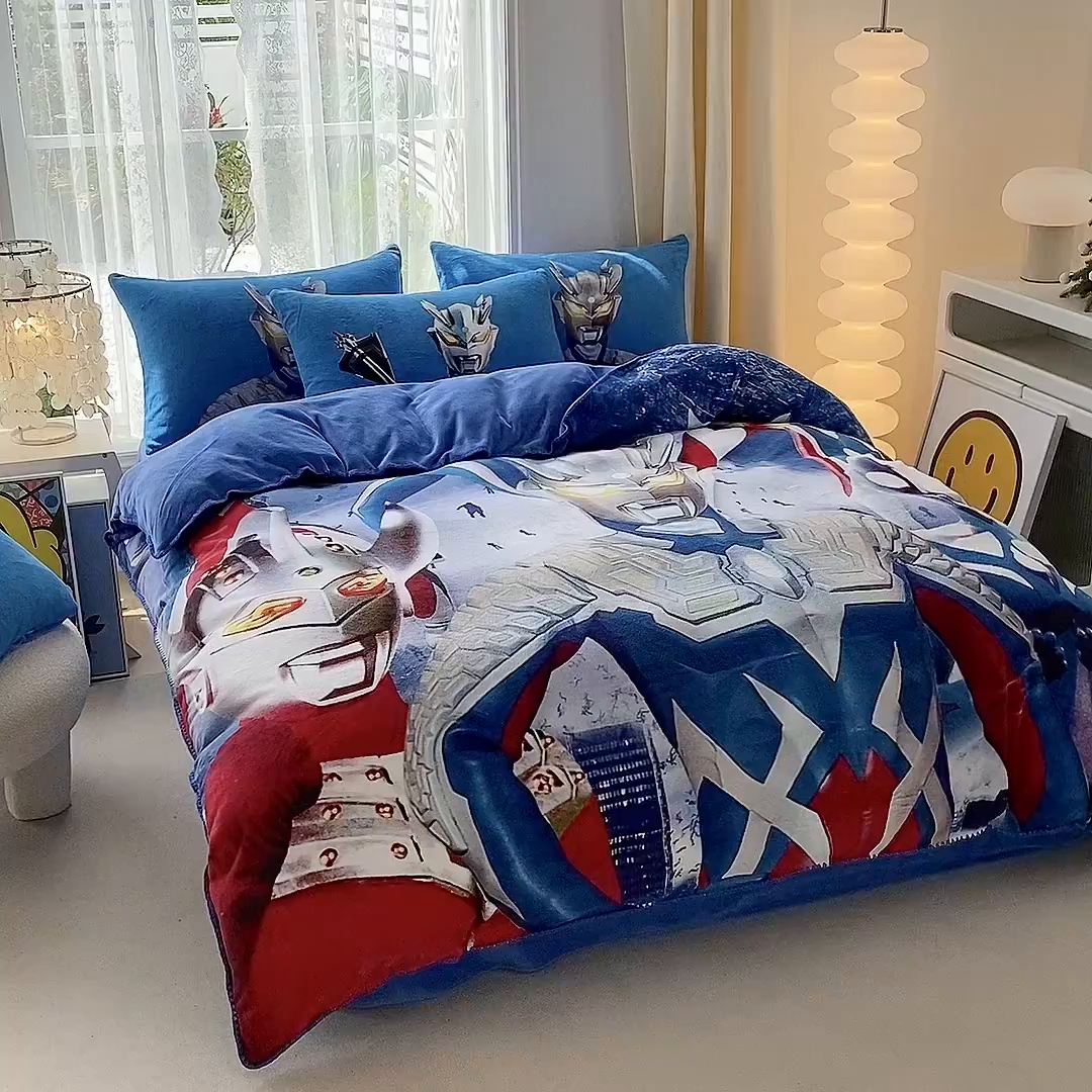 91家纺网 家纺一手货源 找家纺 一电 2025新款双面牛奶绒被套单件150x200儿童加厚法兰珊瑚绒被罩200x230冬季-第一批 奥特家族 (7)