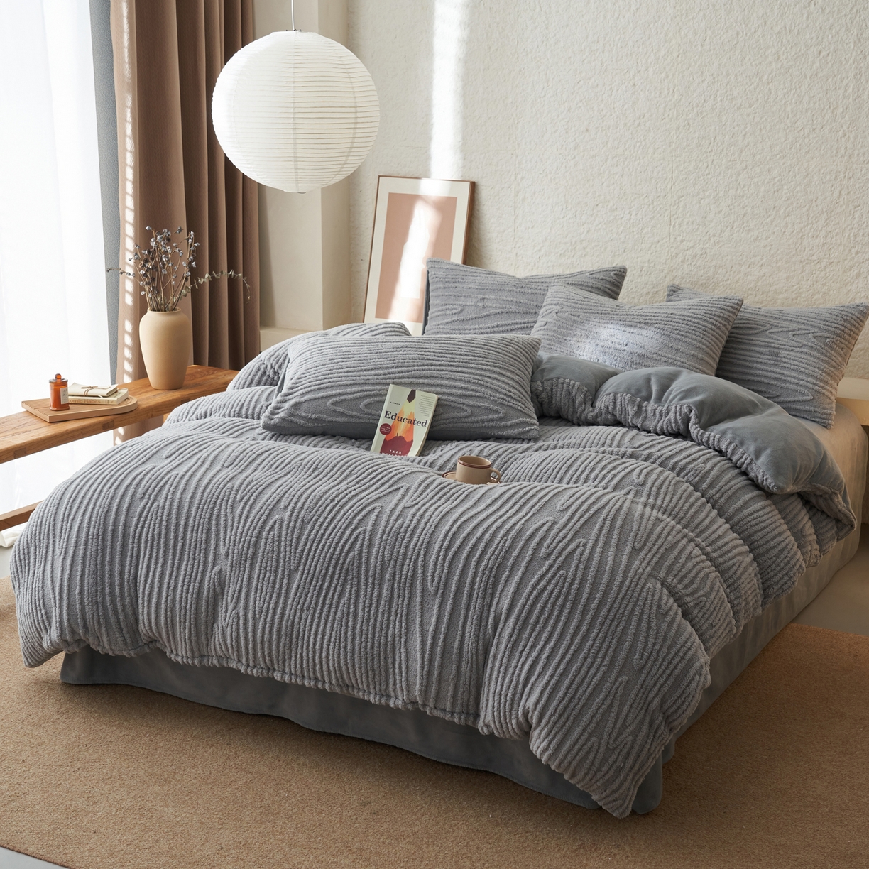 91家纺网 家纺一手货源 找家纺 寐绸家纺 2025秋冬新款230g牛奶绒树纹提花四件套 树纹提花牛奶绒-浅灰