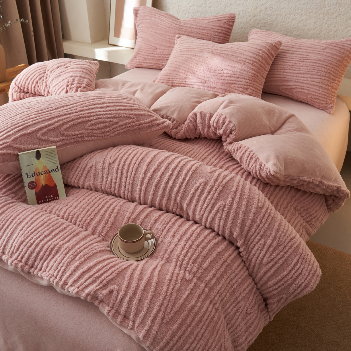 寐绸家纺 2025秋冬新款230g牛奶绒树纹提花四件套 树纹提花牛奶绒-豆沙