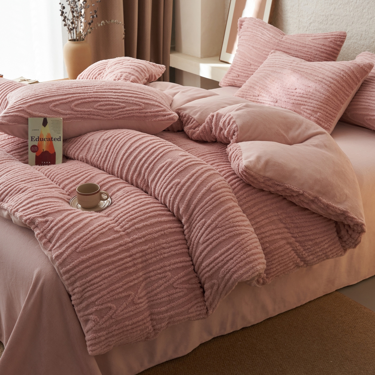 91家纺网 家纺一手货源 找家纺 寐绸家纺 2025秋冬新款230g牛奶绒树纹提花四件套 树纹提花牛奶绒-豆沙