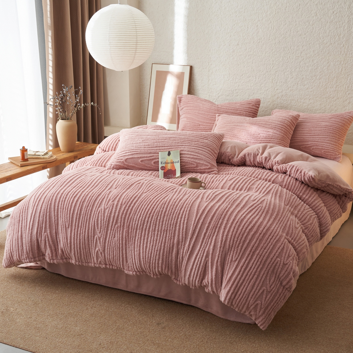 91家纺网 家纺一手货源 找家纺 寐绸家纺 2025秋冬新款230g牛奶绒树纹提花四件套 树纹提花牛奶绒-豆沙