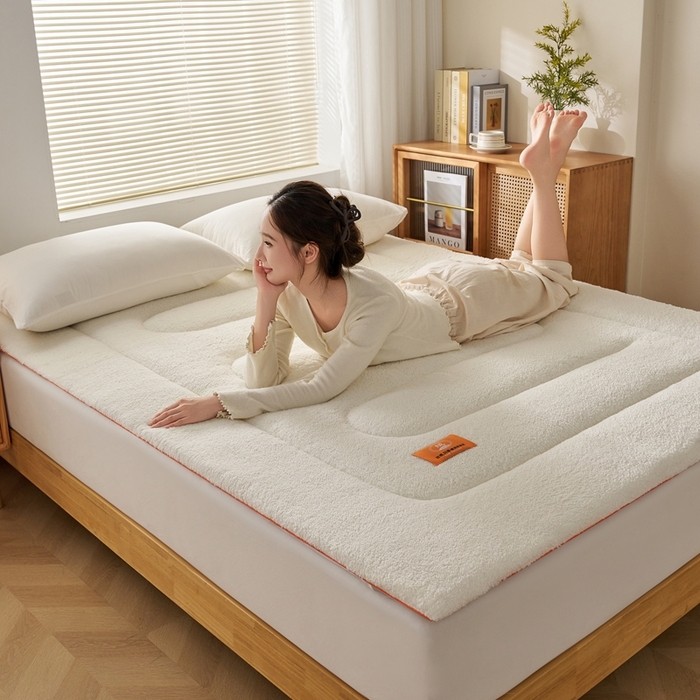 91家纺网 家纺一手货源 找家纺 2025新款加厚保暖羊羔绒加厚床褥床垫羊羔绒床垫-大床图 羊羔绒加厚床褥-米白