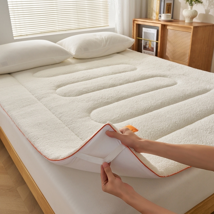 91家纺网 家纺一手货源 找家纺 2025新款加厚保暖羊羔绒加厚床褥床垫羊羔绒床垫-大床图 羊羔绒加厚床褥-米白