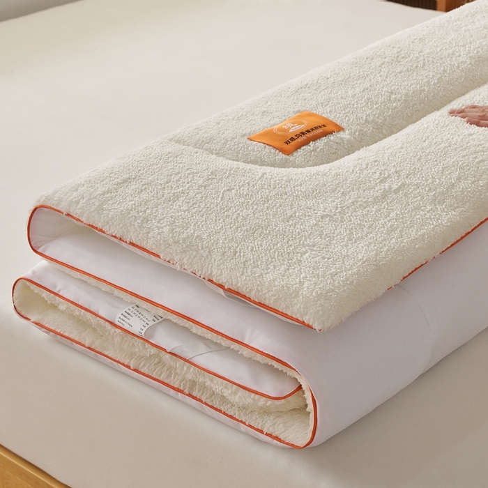 91家纺网 家纺一手货源 找家纺 2025新款加厚保暖羊羔绒加厚床褥床垫羊羔绒床垫-大床图 羊羔绒加厚床褥-米白