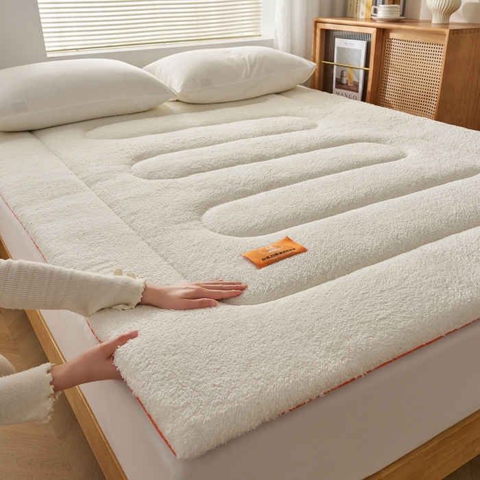 91家纺网 家纺一手货源 找家纺 2025新款加厚保暖羊羔绒加厚床褥床垫羊羔绒床垫-大床图 羊羔绒加厚床褥-米白