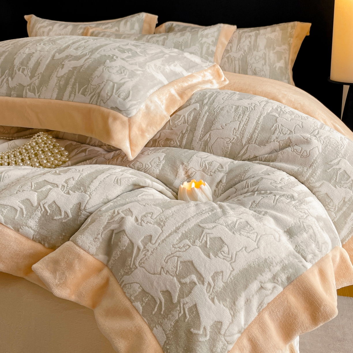 91家纺网 家纺一手货源 找家纺 畅畅家纺 2025新款冬季拼角雕花牛奶绒宽包边床单床笠四件套 英伦骑士-浅米灰