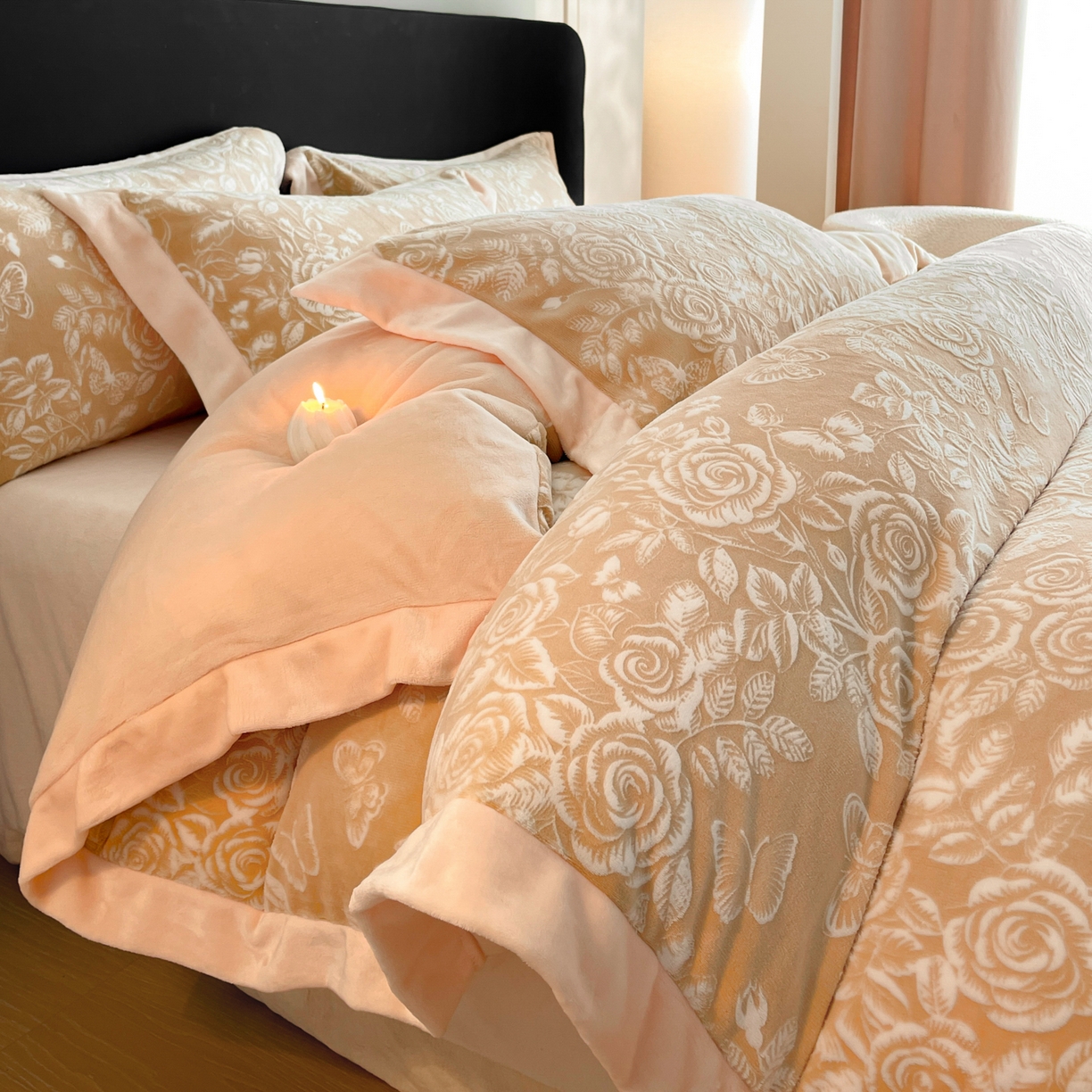 畅畅家纺 2025新款冬季拼角雕花牛奶绒宽包边床单床笠四件套 永恒之爱-咖