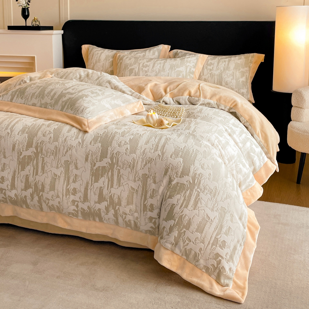 91家纺网 家纺一手货源 找家纺 畅畅家纺 2025新款冬季拼角雕花牛奶绒宽包边床单床笠四件套 英伦骑士-浅米灰